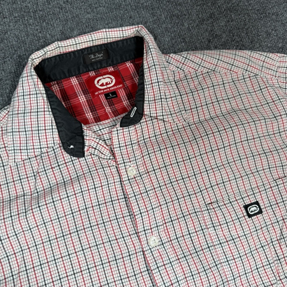 Ecko Unltd Mens Button Up Shirt Short Sleeve L Red Black Plaid The Dwyer Woven
